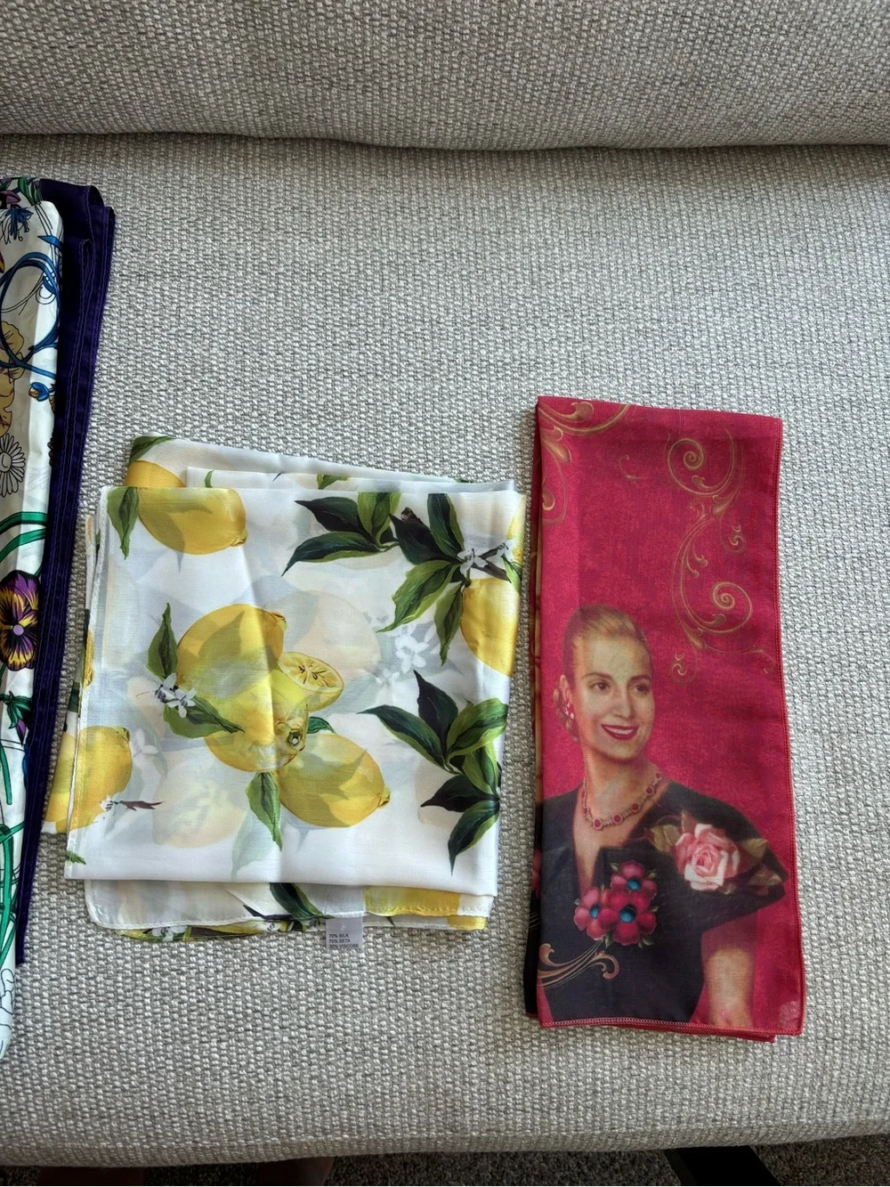 Set of (5) silky scarves purchased in various countries Italy Argentina France